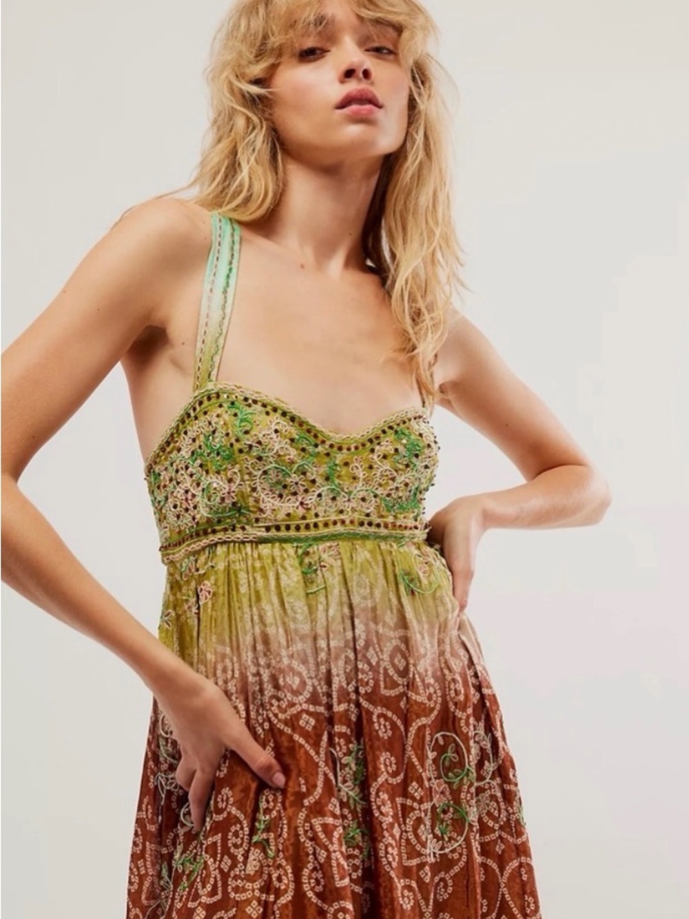 Free People Green to Brown Beaded Ombre Maxi Dress